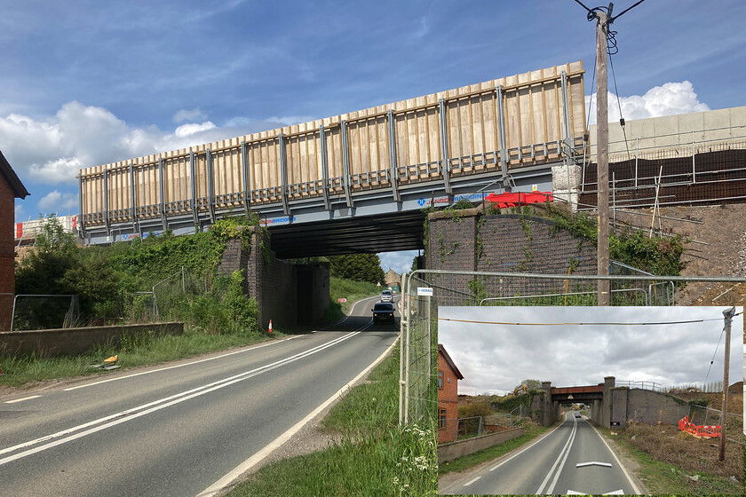 HS2 temporary bridge over A4421, Newton Purcell 
 With thanks to Google Earth the old scene familiar to motorists travelling along the A4421 between Finmere and Bicester is seen in the inset photograph. It shows the original Great Central twin bridge that carried the line with the embankment to either side. This was also the location of Finmere station which was accessed from road level in between the two bridge decks. The old decks have been removed and a new and particularly unattractive bridge installed to allow HS2 construction traffic to go safely about their business. I have yet to see plans for the actual bridge that will be installed at this location but I suspect that the obvious structural strength and integrity of the early twentieth century GCR structures will not be enough as is the case now! 
 Keywords: HS2 temporary bridge over A4421 Newton Purcell