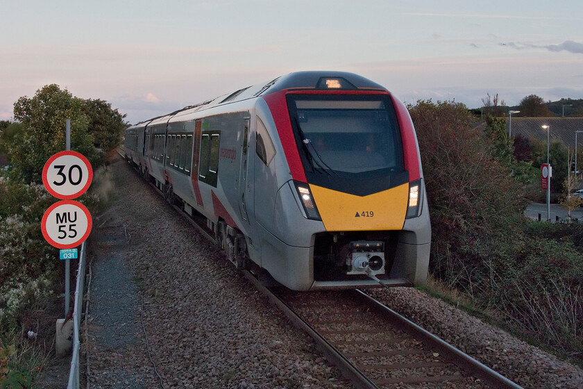 755419, GA 16.45 Norwich-Sheringham (2S26, RT), Sheringham station 
 In the dusk of an autumn evening, the 16.45 Greater Anglia Norwich to Sheringham service arrives at its destination. The service is being worked by one of the new Stadler Rail FLIRT units, 755419. When I first visited Sheringham's mainline station back in 1983 I photographed a Craven Class 105 DMU and the station had a huge British Railways (Eastern) blue enamel running in sign! 
 Keywords: 755419 16.45 Norwich-Sheringham 2S26 Sheringham station Greater Anglia FLIRT