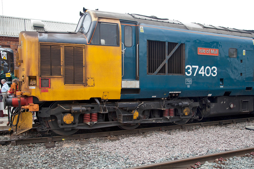 37403, on display, DRS Open Day, Gresty Bridge 
 Looking as though it could have been taken at an Eastfied Open day in 1984, 37403 'Isle of Mull' stands on-dsiplay at Gresty Bridge in 2018! 37403 started out in 1965 as D6607 gaining a TOPS number of 37307 in July 1973. It was a South Wales and West of England allocated locomotive until it was rebuilt as 37403 in June 1985 moving north to serve on the Scottish Region gaining is Scottie dog logo! It stayed on the Scottish until moving back west again in 1998. It then undertook various work until withdrawal in 2008 with a bleak future ahead. However, it was refurbished and has done lots of work for EWS including long stints on the Cumbrian Coast line as well as for Greater Anglia working out of Norwich to the coast and back. An impressive story for a great design of locomotive, one wonders if the class 68s will be still going strong in fifty years time? 
 Keywords: 37403 DRS Open Day Gresty Bridge