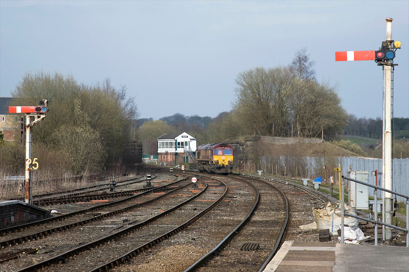 66031, running round, Buxton station 
 Having seen 66031 a little earlier.... https://www.ontheupfast.com/v/photos/21936chg/28004559204/x66031-13-50-heck-plassmoor-peak it is seen again from the platform end at Buxton station. It is performing some sort of positioning move to work a return train. Buxton signal box is seen behind it catching some welcome afternoon sunshine. 
 Keywords: 66031 running round, Buxton station