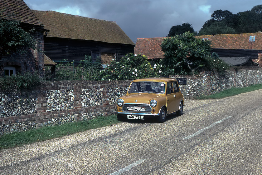 UAM 736J, outside White Pond Farm between Pishill & Stonor 
 UAM 736J stands outside White Pond Farm located between Pishill and Stonor deep in the Chiltern countryside. Despite appearances, UAM the ten-year-old Mini, was rusty in all the usual places, namely the lower valance, wing tops and B posts, rear arches and subframe mounts with Graham taking regular remedial action to keep the worst of the rot at bay. However, after his father had gifted him a beige Austin 1100 (UVJ 129J) the Mini had to be retired. Coincidentally, this particular location and a remarkably similar view features on the Wikipedia page for the village of Stonor, .....https://en.wikipedia.org/wiki/Stonor#/media/File:Whitepond_Farm,_Stonor_-_geograph.org.uk_-_39067.jpg Also, this spot featured in the James Bond The Living Daylights with the farmhouse entrance marking the spot where the lethal hitman Necros, played by Andreas Wisniewski, attacks the regular milkman before taking on his identity to then cause havoc and snatch back KGB General Georgi Koskov. 
 Keywords: UAM 736J White Pond Farm between Pishill & Stonor