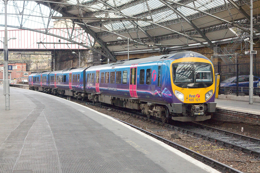 185121, TP 14.06 Newcastle-Liverpool Lime Street (1F70), Liverpool Lime Street station 
 Trans Pennine Express' 185121 arrives into Liverpool Lime street with the terminating 14.06 from Newcastle. An interesting route that crosses the northern part of the country linking two of its principle cities. 
 Keywords: 185121 14.06 Newcastle-Liverpool Lime Street 1F70 Liverpool Lime Street station