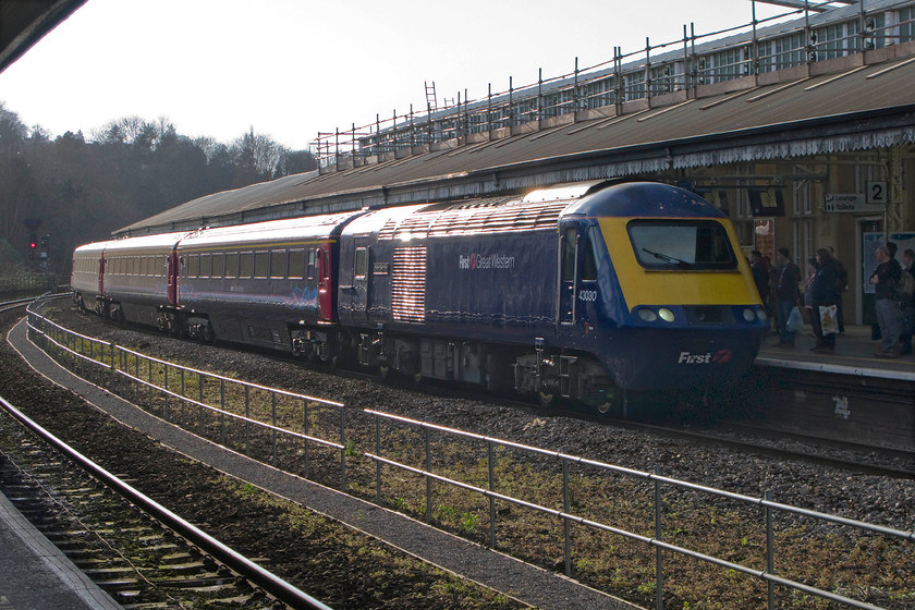 43030, GW 16.00 Bristol Temple Meads-London Paddington (1A24), Bath Spa station 
 As an illustration of how intensively the FGW HST fleet is used, I saw this set, now being led by 43030 'Driver Brian Cooper 15 June 1947-5 October 1999' only thirty-five minutes or so earlier at the tail end of a down working here ar Bath Spa station. Now it is leading the 16.00 1A24 to Paddington back from Bristol Temple Meads. 
 Keywords: 43030 16.00 Bristol Temple Meads-London Paddington 1A24 Bath Spa station First Great Western HST