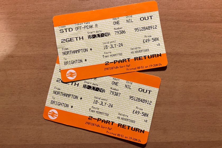 Tickets, Northampton-Brighton 
 Our outward tickets from Northampton to Brighton. At just under 50 each the cost of travelling to and from Brighton from Northampton is acceptable. My wife and I made a conscious decision to travel through central London this time via a dash along the Victoia line from Euston. This as an alternative to the previous journey taken on Thameslink from St. Pancras via a short walk along Euston Road. My wife seemed to indicate that she preferred the route taken this time. 
 Keywords: Tickets Northampton-Brighton