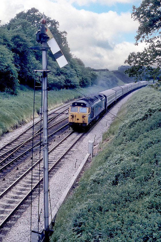 50005, 13.20 Paignton-London Paddington, Whiteball 
 50005 'Collingwood' slogs up the western side of Whiteball bank leading the 13.20 Paignton to Paddington service. It is about to pass the home signal with the entrance to the down loop seen to the left. Standing in the quiet Devon countryside at this location, the approach of an up express could be heard from a fair way off due to them having to work hard ascending the bank. By the time they reached this spot, speed had dropped off significantly as they would then enter the tunnel behind where I am standing. 
 Keywords: 50005 13.20 Paignton-London Paddington Whiteball Collingwood