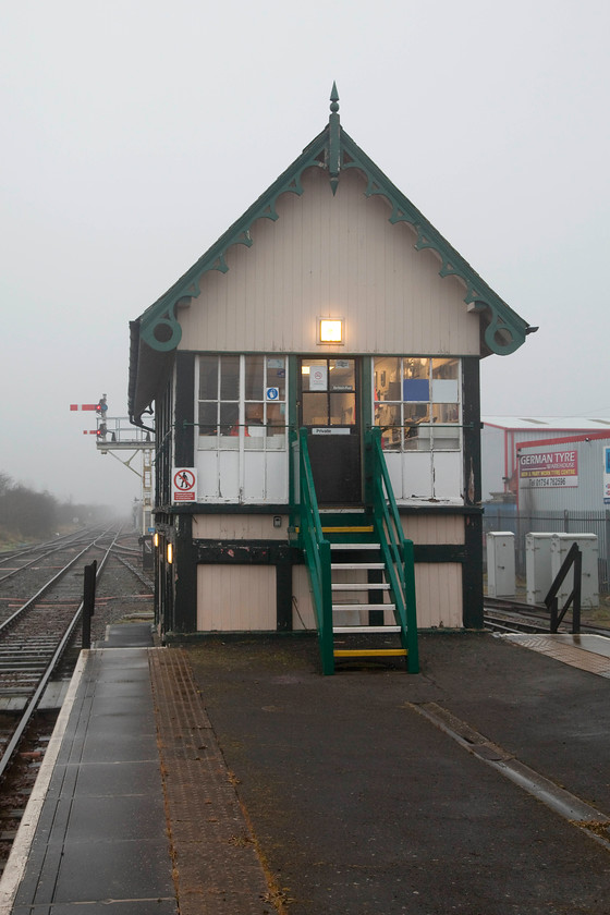 Skegness Signal Box (GN, 1882) 
 Skegness signal box is an impressive structure that sits on the platform ramp as seen here. In common with other boxes on the line, it is in good condition with evidence that Network Rail has been undertaking some conservation work. It's pleasing to see that the wooden windows have not been replaced by the ghastly UPVC units that seem to have been put into many boxes. The is is probably due to the fact that Historic England have identified this, and a number of others on the Poacher Line, as being listed structures. So, its future is assured for the moment, at least. 
 Keywords: Skegness Signal Box GN 1882