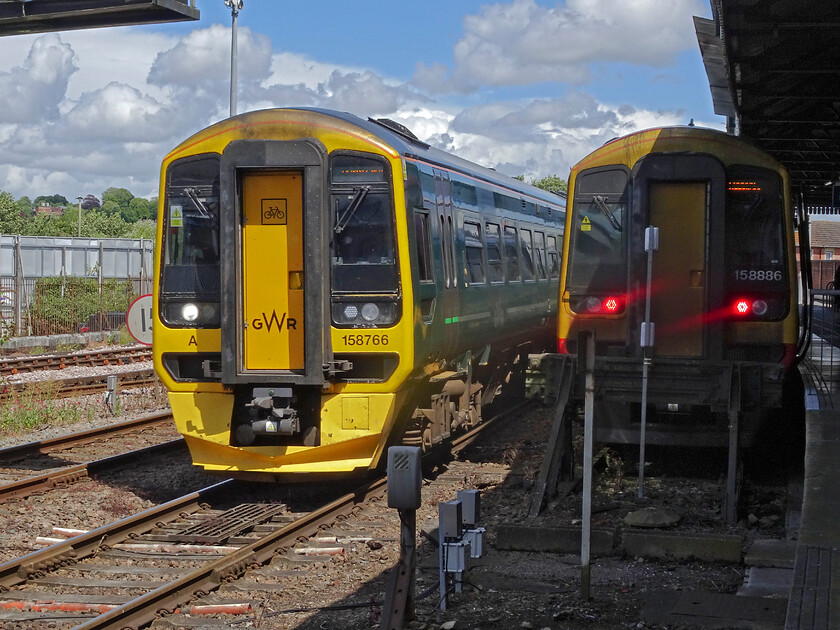 158766, GW 13.23 Portsmouth Harbour-Bristol Parkway (1F20, 1L) & 158886, SW 14.47 Salisbury-London Waterloo (Cancelled from Basingstoke) (1L50, 1l), Salisbury station 
 After our brief stop in Salisbury, it was time for Andy and me to head back to Westbury to re-join the Westbury Wizzo charter. Our train back arrives at Salisbury worked by GWR's 158766. We took the 13.23 Portsmouth Harbour to Bristol Parkway as far as Westbury. The train was terminating at Parkway rather than continuing to Cardfif as the Severn Tunnel was closed for engineering work. To the right, 158886 waits to leave with the 14.47 service to Waterloo that was, unfortunately, cancelled from Basingstoke. 
 Keywords: 158766 13.23 Portsmouth Harbour-Bristol Parkway 1F20 158886 14.47 Salisbury-London Waterloo Cancelled from Basingstoke 1L50 Salisbury station