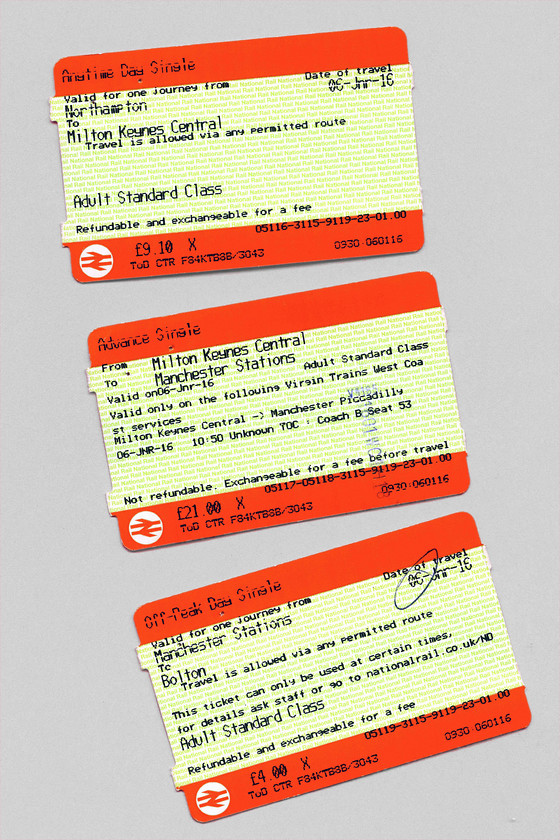 Tickets, Northampton-Bolton 
 My split-tickets for the off-peak journey from Northampton to Bolton. 34 is not too bad, but what do I care as it was paid for by work!