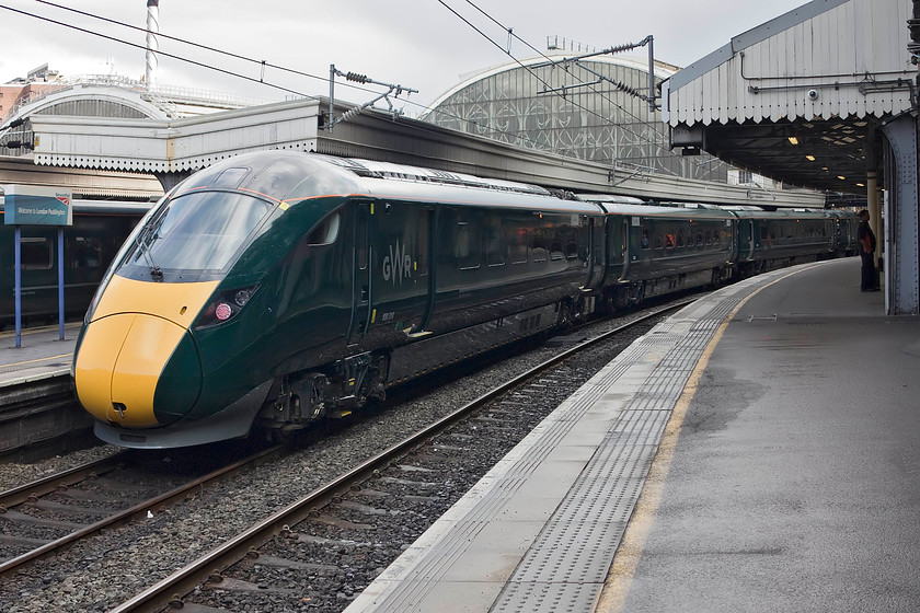 800310, GW 13.00 Cheltenham-London Paddington (1L58, RT), London Paddington station 
 800310 comes to a halt at platform two of Paddington station having worked the 13.00 1L58 from Cheltenham Spa. I wonder if the well healed residents of Cheltenham appreciated the environs of the IET class 800 and liked the much maligned seats? Whilst the 800 are part of the inevitable evolution of the railways, I really wonder if they have the same kudos as the HSTs? 
 Keywords: 800310 1L58 London Paddington station