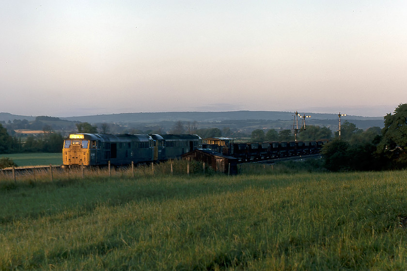 31165 & 31258, up ballast train, Cogload Junction 
 Just after dawn and taken from the entrance to my tent, 31165 and 31258 come to a halt with an up PW train. Just out of site to the left is Cogload Junction signal box where the train is stopping so it can drop off water containers that have been brought up from Taunton so that the signalmen can make a cup of tea! As can be seen, it has dawned a beautiful morning after the wild storm of the night before when I feared that my little ten would be blown away! 
 Keywords: 31165 31258 up ballast train Cogload Junction