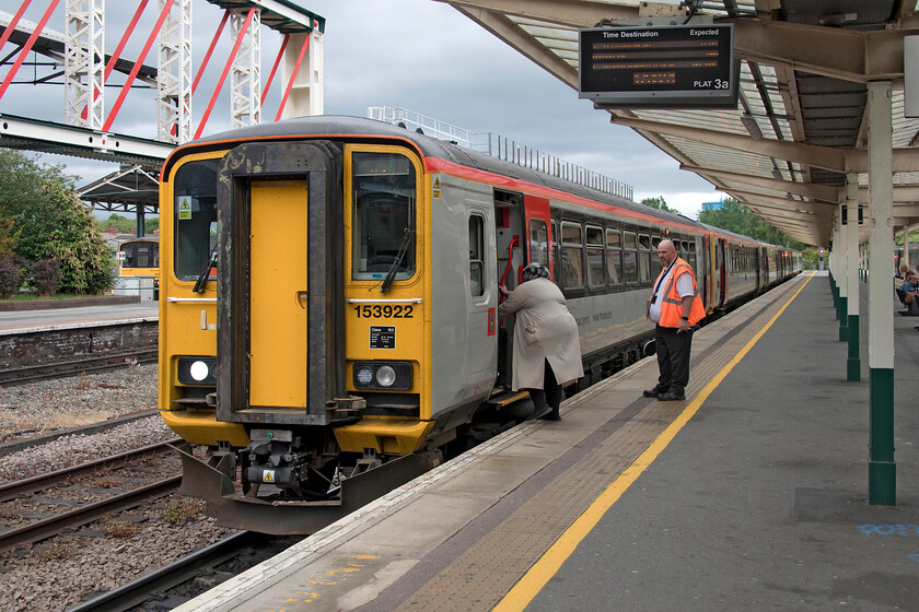 153922, 153320, 158824 & 158835, AW 15.06 Birmingham International-Holyhead (1D15, 5L), Chetser station 
 Up for imminent replacement.

A six-car train cobbled together service made up of four different units! Transport for Wales' 15.06 Birmingham International to Holyhead is made up of 153922, 153320, 158824 and 158835. The train arrived from behind me on Chester's platform three and is about to retrace its steps to Roodee Junction to the west of Chester where it heads westwards along the North Wales coast to its destination. With the imminent arrival of new units trains such as this made up of a hotch-potch of older and somewhat unsuitable stock should be a thing of the past. 
 Keywords: 153922 153320 158824 158835 15.06 Birmingham International-Holyhead 1D15 Chetser station TfW Transport for Wales