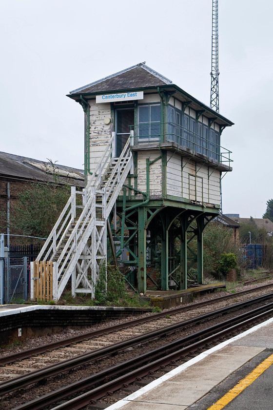 Canterbury East Signal Box (SECR, C. 1911) 
 The impressive structure of Canterbury East signal box is still in situ some years after it was shut after extensive resignaling came into use. It still carries its Network Southeast name board. The box was built to such a height so as to give the signalman a completely unhindered view of the station. I wonder what the future holds for this structure? 
 Keywords: Canterbury East Signal Box