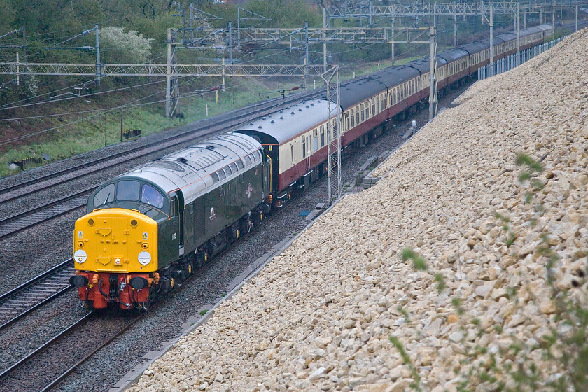 D213, outward leg of The Great Western Envoy, 06.20 Rugby-Bristol TM (1Z40, 7L), Ashton Road bridge 
 Whilst standing in the half-light and the damp early in the morning to photograph a pair of ordinary Class 47s that I will have photographed before I began to doubt if it was actually worthwhile. However, as the train approached I could hear that it was not a Class 47 leading but something with an English Electric engine with D213 (40013) appearing around the curve near the site of Roades former station. The Class 40 led the 06.20 Rugby to Bristol charter to Hanwell (West London) where 34046 Braunton took over to take it forward to Bristol, outward by the Berks. and Hants. route via Westbury returning along the GWML. D213 looks (and sounded!) superb as it roars past Ashton Road bridge just south of Roade. 
 Keywords: D213 The Great Western Envoy, 06.20 Rugby-Bristol Temple Meads 1Z40 Ashton Road bridge Andania Whistler