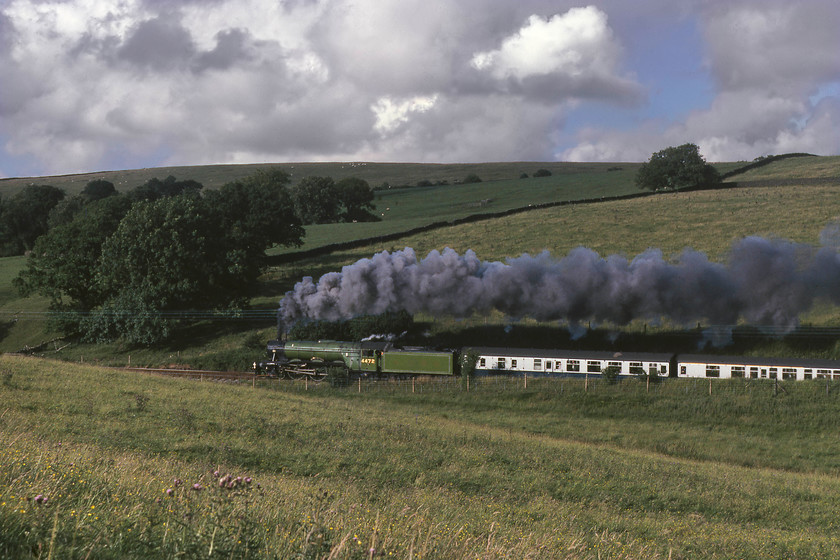 4472, return leg of The North Yorkshireman, Skipton-Carnforth, Giggleswick SD793638 
 4472 'Flying Scotsman' catches some very welcome late afternoon sunshine as it climbs Giggleswick bank within the return North Yorkshireman railtour. I agree that I did go a little over-the-top by taking so many photographs of the train both here and earlier at Wennington with every frame costing so much money as I was using Kodachrome 64. However, given the scenery and the subject matter I did get a little carried away! 
 Keywords: 4472 The North Yorkshireman Skipton-Carnforth Giggleswick SD793638