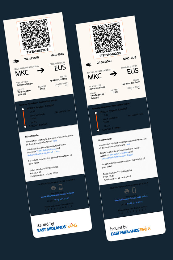 E-tickets, Milton Keynes Central-London Euston 
 Our tickets from Milton Keynes to Euston were a total of 6.60 (3.30 each)! There are odd off-peak fares like this that further reinforces the farcical fare structure that we have on the UK network. Due to buying the tickets fairly late, I opted for the e-ticket option. 
 Keywords: E-tickets Milton Keynes Central-London Euston