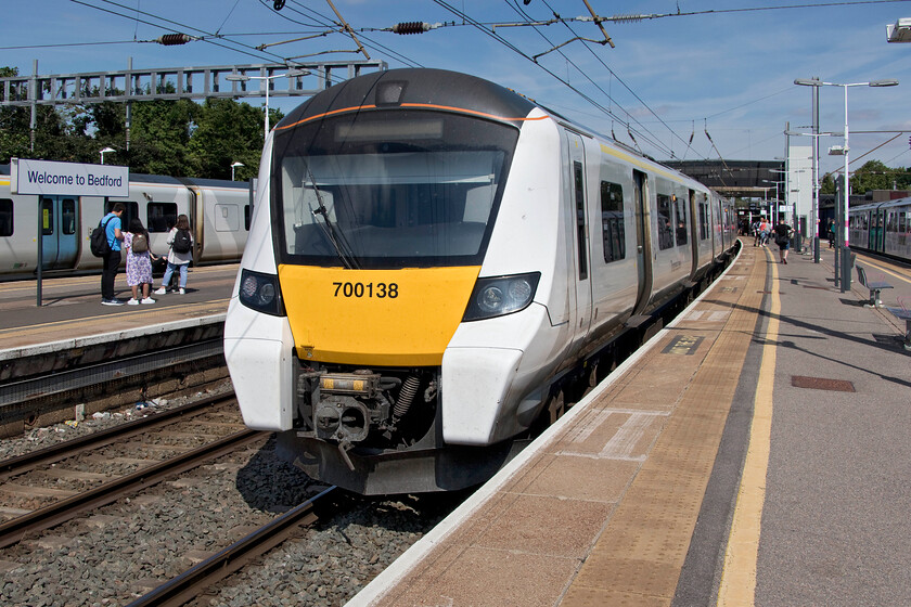 700138, TL 10.48 Bedford-Brighton (9T27, 4L), Bedford station 
 Thameslink's 700138 is seen about to leave Bedford station with the 9T27 10.48 service to Brighton. Even though it does not look it in this photograph, Bedford station was busy on this Saturday morning with trains south towards London full and standing. Many of the travellers were soccer fans heading to matches taking place on the first day of the 2022/23 football league season. 
 Keywords: 700138 10.48 Bedford-Brighton 9T27 Bedford station Thameslink