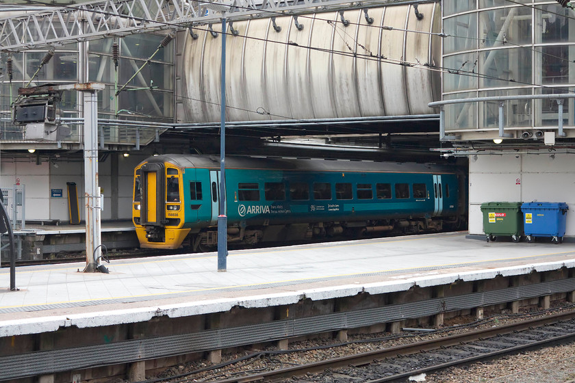 158838, AW 12.09 Birmingham International-Aberystwyth & Pwllheli (1J15 & 2J15, RT), Birmingham New Street Station 
 158838 leaves New Street working the 12.09 Birmingham International to Aberystwyth and Pwllheli. This two unit train splits at Machynlleth. 
 Keywords: 158838 1J15 2J15 Birmingham New Street Station