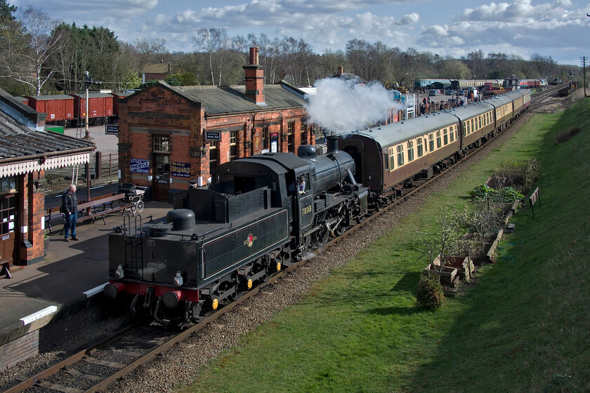 78018, final leg of The Carolean dining train, 13.00 Loughborough return, Quorn & Woodhouse station 
 Dining trains have become an integral part of many heritage lines' operations being a good source of income that is if they are priced right and offer an appropriate level of service. The GCR is no exception with them offering three different dining train options throughout the season. The Carolean is one of their offerings making two return runs the length of the line from Loughborough to Leicester North. Making its final run, hopefully with passengers enjoying an after-dinner coffee, the 13.00 ex Loughborough (GCR) passes through Quorn and Woodhouse station led by Standard 2MT 78018 running tender first. 
 Keywords: Standard Class 2MT 2-6-0 78018 The Carolean dining train 13.00 Loughborough return, Quorn & Woodhouse station