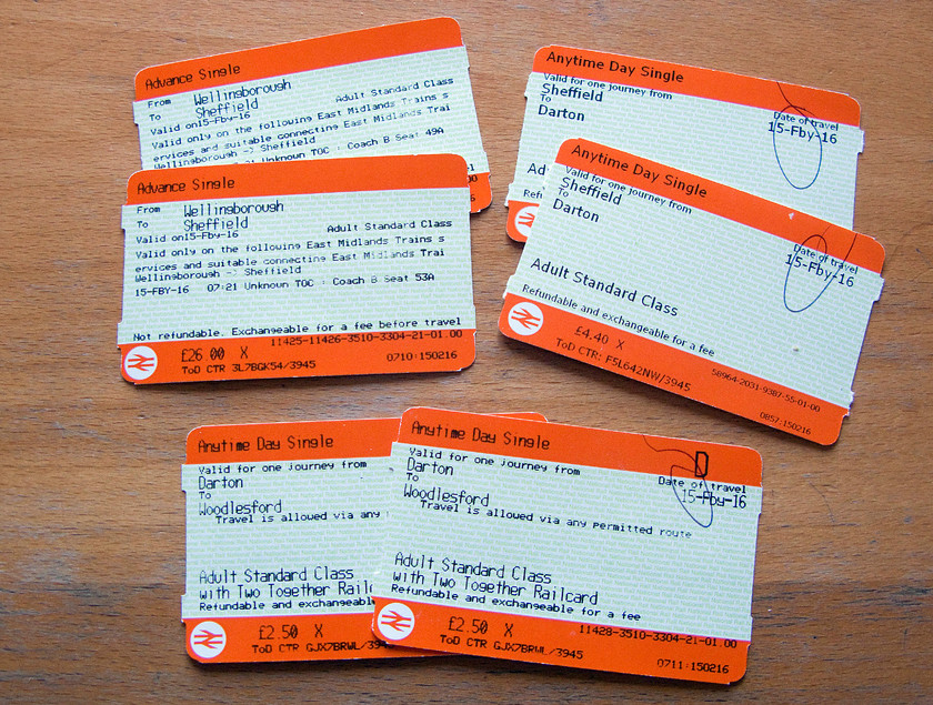 Tickets, Wellingborough-Woodlesford 
 Our split tickets from Wellingborough to Woodlesford. The bulk of the price is made up of a peak-time journey from Wellingborough to Sheffield, the second leg is split at Darton and is good value.