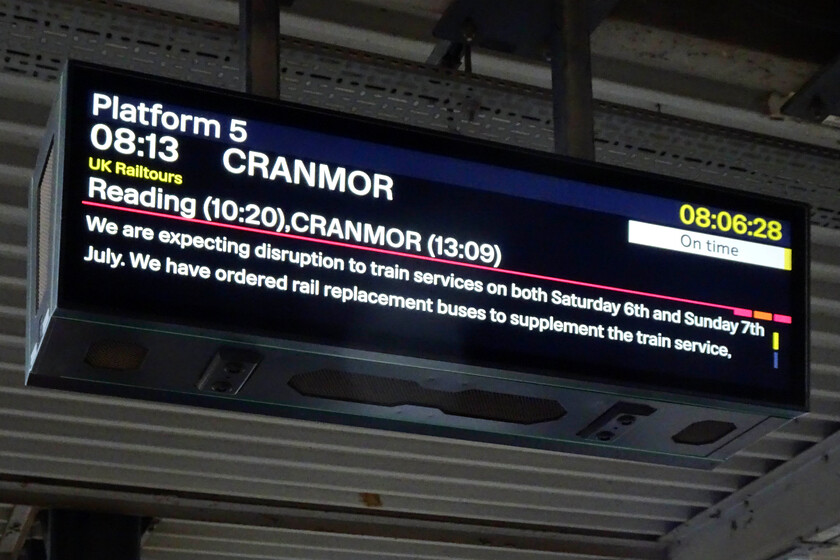 Passenger information screen, Bletchley station 
 During our pause at Bletchley after traversing the Marston Vale line from Bedford I pointed my camera up towards one of the recently installed departure screens. It is interesting to see the Westbury Wizzo charter getting such prominence and with lots of detail It is just a shame that the spelling of the destination is incorrect but top marks for trying! 
 Keywords: Passenger information screen Bletchley station