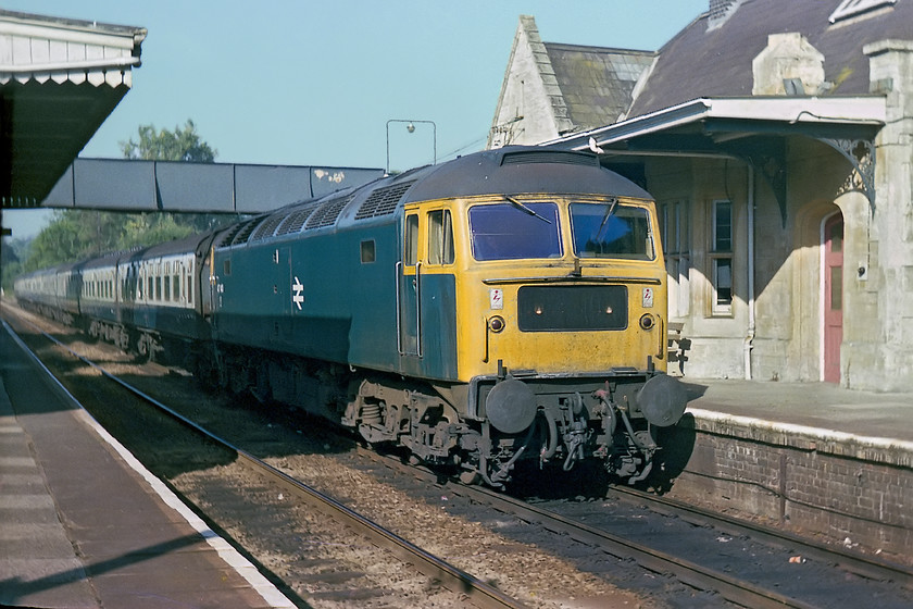 47140, 09.37 Bristol Temple Meads-Weymouth, Bradford-on-Avon station 
 On my way to Bradford Junction, I stopped off at Bradford-on-Avon station. As it was a Sunday morning it was very quiet, but I did manage to capture 47140 leading the 09.37 Bristol to Weymouth composed of a long set of Mk. I stock. 47140 survived another ten years in service before colliding with 47106 resulting in them both being condemned. The pair were cut-up by Vic Berry at his infamous scrapyard in Leicester. 
 Keywords: 47140 09.37 Bristol Temple Meads-Weymouth Bradford-on-Avon station