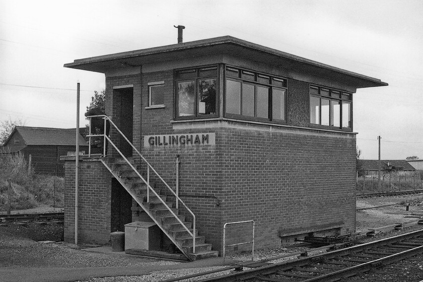 Gillingham signal box (BR, 1957) 
 The British Railways built signal box at Gillingham is a bit austere but is very much of its time. It replaced a lovely LS&W structure in 1957 when the route was modernised. It contained, when this photograph was taken in 1981, a thirty-lever Westinghouse Brake & Signal Co 'A3' frame as did many of the boxes on the route between Salisbury and Exeter. 
 Keywords: Gillingham signal box BR 1957