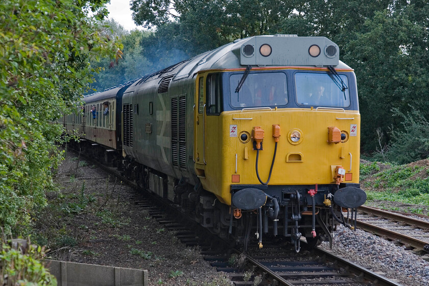 50026, 10.50 Peterborough Nene Valley-Wansford (2M45), Ferry Meadows station 
 Running a little late, the 10.50 Peterborough to Wansford gala service arrives at Ferry Meadows station hauled by 50026 'Indomitable'. I travelled on this train back to Wansford. This was to be its final run of the day as it was to be stood down on arrival following being declared a failure. 
 Keywords: 50026 10.50 Peterborough Nene Valley-Wansford 2M45 Ferry Meadows station Indomitable