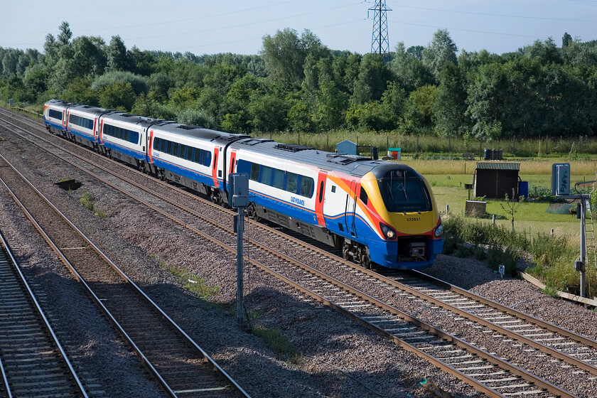 222021, EM 08.25 London St. Pancras-Sheffield (1F13), Lower Farm Road, Bromham TL028518 
 EMTs' 08.25 St. Pancras to Sheffield service passes Bromham taken from Lower Farm Road worked by Meridian 222021. Once this service had cleared northwards towards Wellingborough the steam charter, seen in the previous two photographs, would gain a green light and crossover on to the fast line at Sharnbrook Junction and continue its journey to York. 
 Keywords: 222021 08.25 London St. Pancras-Sheffield 1F13 Lower Farm Road Bromham TL028518