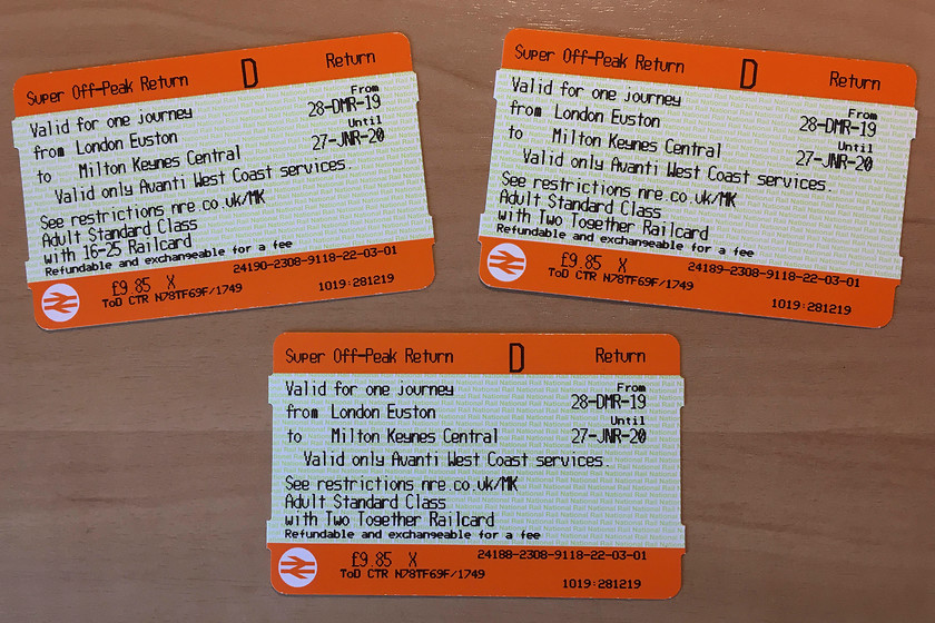 Tickets, London Euston-Milton Keynes Central 
 Our tickets back from Euston to Milton Keynes. Again, as per the outward journey two days earlier, the Avanti super off-peak return was far cheaper than travelling with our local operator London NorthWestern from Northampton. 
 Keywords: Tickets London Euston-Milton Keynes Central