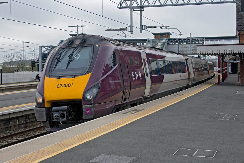 222001, EM 08.32 London St. Pancras-Sheffield (1F17, RT), Wellingborough station 
 I have been saying it for some time now but time for the Meridians on the MML really is nearly up having been a feature of its operation for twenty years being introduced back in 2003 with this unit, 222001, being the first in service. It is seen passing through Wellingborough with the 08.32 St.Pancras to Sheffield fast service with its first and next stop being Leicester at ninety-nine miles and taking just over an hour start to stop 
 Keywords: 222001 08.32 London St. Pancras-Sheffield 1F17 Wellingborough stationEast Midlands meridian