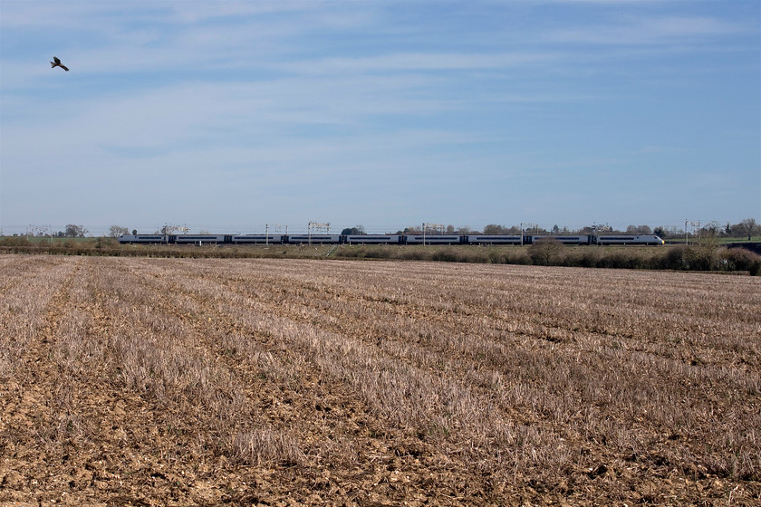 Class 390, VT 06.29 Glasgow Central-London Euston (1M07, 10E), Hanslope Junction 
 A Class 390 crosses Hanslope Junction heading south with the 06.29 Glasgow Central to Euston. The field in the foreground should be a shade of lush green by the end of March. However, due to the record wet winter, the autumn planted seeds have failed leading to farmers having to play catch up by planting a lot of spring barley that will not show itself for a number of weeks yet. Notice the beautiful red kite taking in the thermals to the top left of the image, one of two I observed for some minutes whilst waiting for a train to pass. 
 Keywords: Class 390 06.29 Glasgow Central-London Euston 1M07 Hanslope Junction Avanti West Coast Pendolino