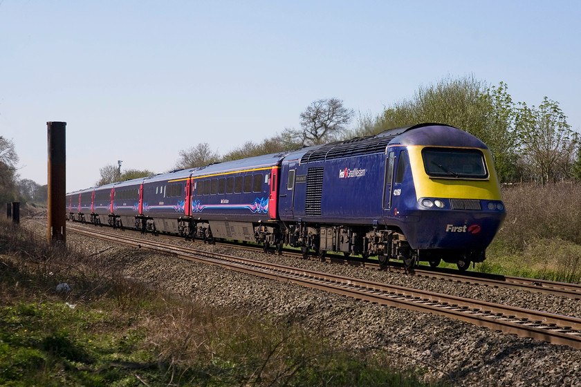 43160, GW 12.30 Bristol Temple Meads-London Paddington (1A17), Knighton ACcrossing SU276890 
 Hst power car 43160 'Sir Moir Lockhead OBE' leads the 12.30 Bristol Temple Meads to Paddington in glorious spring weather past Knighton in west Oxfordshire. The pilings for the forthcoming electrification are clearly spoiling this photograph, a new arrival since my last visit to this spot. 43160 was late delivery power car as part of a fifth and final batch delivered to the Eastern Region in 1981 as part of set 254036. 
 Keywords: 43160 'Sir Moir Lockhead OBE' leads the 12.30 Bristol Temple Meads-London Paddington 1A17 hst service past Knighton crossing SU276890 HST