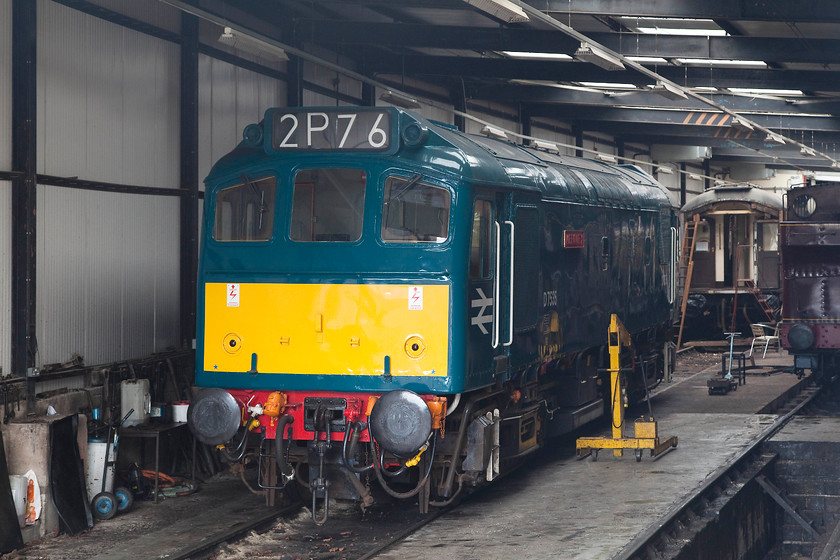 D7535, on-shed, Paignton shed 
 The South Devon Railway's resident class 25 is D7535 'Mercury' sits inside the shed at their Paignton base. As 25185, it was withdrawn in November 1984. It arrived at the SDR in February 1986 making its way there under its own power from Toton! It has been here in Devon ever since. 
 Keywords: D7535 Paignton shed