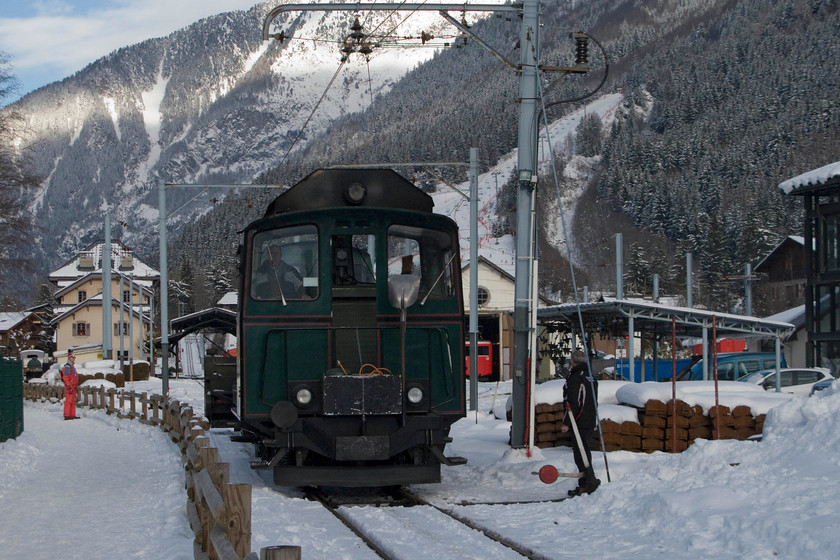 Snowblowing train, Chamonix Montenvers Mer De Glace 
 Having descended from the heights of the Mer De Glace, their snow clearance train prepares to go into the shed. The Chamonix terminus building of the line can be seen to the left of the train. 
 Keywords: Snowblowing train, Chamonix Montenvers Mer De Glace