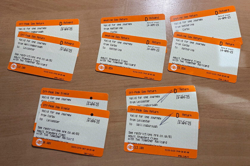 Tickets, Wellingborough-Kettering-Leicester (via Melton Mowbray)-Kettering-Wellingborough 
 A lot of tickets for our eighty-five miles jaunt through Northamptonshire, Rutland and Leicestershire. This was because after we bought the initial tickets at Wellingborough prior to departure our plans changed realising that we could take the EMR service to Melton Mowbray that would involve 'virgin' track for both Andy and me via Corby and over Harringworth viaduct to Manton Junction. Not a particularly cheap day but a thoroughly enjoyable one nonetheless! 
 Keywords: Tickets Wellingborough-Kettering-Leicester via Melton Mowbray-Kettering-Wellingborough