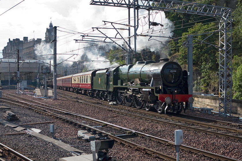 46100, outward leg of ScotRail Border`s Railway steam special, 16.46 Edinburgh Waverley-Tweedbank (1Z24), Edinburgh Waverley station 
 46100 'Royal Scot' leaves Edinburgh Waverley with the second Border's Railway steam hauled special of the day, the 16.46 to Tweedbank. It has been an inspired move by ScotRail to operate these specials that have been well loaded with a mix of tourists, locals and enthusiasts alike. It has promoted the Border's Railway, that opened last year, and has contributed towards is healthy usage numbers that have been beyond the projections. 
 Keywords: 46100 ScotRail Border`s Railway steam special 16.46 Edinburgh Waverley-Tweedbank 1Z24 Edinburgh Waverley station