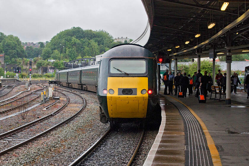 43172 & 43029, GW 09.00 Cardiff Central-Penzance (2C69, RT), Bristol Temple Meads station 
 43172 'Tiverton Castle' (rear, nearest camera) and 43029 'Caldicot Castle' (front) wait at Bristol Temple Meads working the 09.00 Cardiff Central to Penzance service. Andy and I would have liked to have taken this service to Weston-super-Mare but we were to yet purchase our Freedom Travelpass that was only available from the ticket office....what will happen when they all close I wonder! Notice the number of GWR staff about to board the train with their shiny new and clean bags. It appeared that they were on staff training so with all that going on it was perhaps best that we did to take this train! 
 Keywords: 43172 43029 09.00 Cardiff Central-Penzance 2C69 Bristol Temple Meads station GWR Tiverton CastleCaldicot Castle