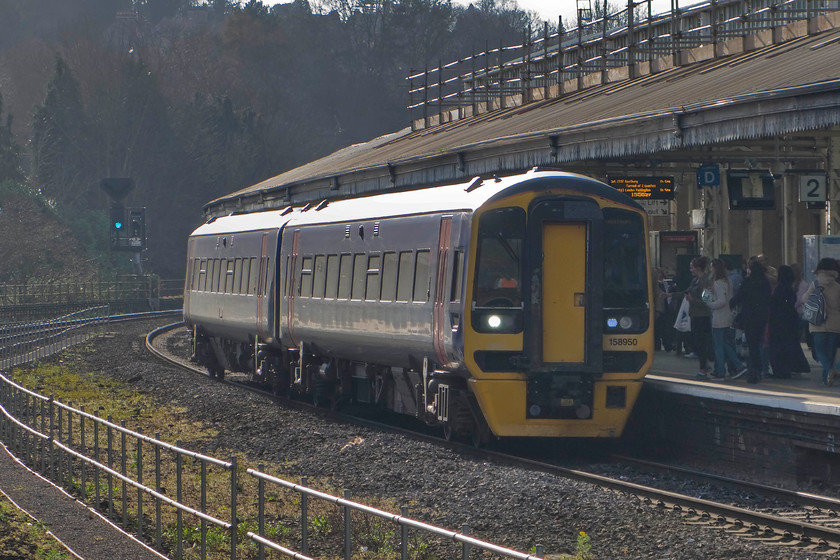 158950, GW 14.42 Gloucester-Westbury (2C20), Bath Spa station 
 Not surprisingly having a 2CXX reporting number the 14.42 Gloucester to Westbury 'all stations' service arrives at Bath Spa station, next stops being Freshford, Avoncliff and Bradford-on-Avon. The train is composed of a two-car Super Sprinter 158950. First Great Western has a number of these versatile units dating from 1989 to 1992 in either two or three-car formations all over its large network. 
 Keywords: 158950 14.42 Gloucester-Westbury 2C20 Bath Spa station First Great Western