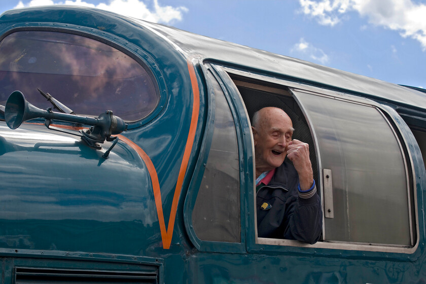 Harry Wilson, 55009 (55013), Scarborough station 
 Former ECML driver and centenarian Harry Wilson sits in a seat that he knew so well for many years! Interstingly, Harry started his railway career not with the LNER but with the LMS at Belle Vue in Wakefield as an office lad. Moving to the footplate he ended up in 1950 at Low Moor in Bradford driving all manner of trains including crack express services such as the 'South Yorkshireman'. On moving to York depot in 1967 he decided this was where he wanted to be and his relationship with the Deltics began. Working anywhere between King's Cross and Newcastle and one of the first drivers to be passed to drive them between Scarborough and Liverpool Harry spent the rest of his working career driving the 'dragons' as he referred to the class before retirement in 1988. 
 Keywords: Harry Wilson 55009 55013 Scarborough station