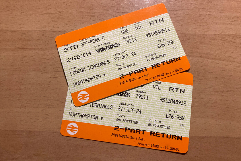 Tickets, London Euston-Northampton 
 The return tickets for our weekend trip to London. We had a great time (as we usually do!) apart from bringing an unhelpful guest back with us in the form of a COVID infection that knocked both my wife and me out for the following week! 
 Keywords: Tickets London Euston-Northampton