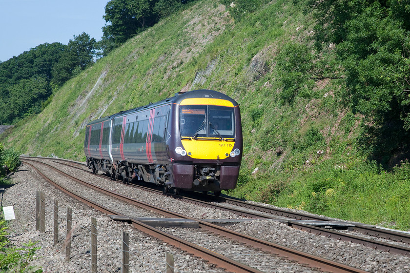 170112, XC 08.45 Cardiff Central-Nottingham (1M01, 2L), Gatcombe SO682055 
 Cross Country's 1M01, the 08.45 Cardiff central to Nottingham, passes the hamlet of Gatcombe just next to the SevernEstuary formed of 170112. The steep bank escarpment in the background has recently been cleared of trees by Network Rail and attempts made to stabilise it. Notice the foot crossing in the foreground, it carries a footpath down onto the foreshore. It's quite a hike to get to it, if you cut and paste the OS grid reference into a mapping programme such as streetmap.co.uk you will see what I mean! 
 Keywords: 170112 1M01 Gatcombe SO682055