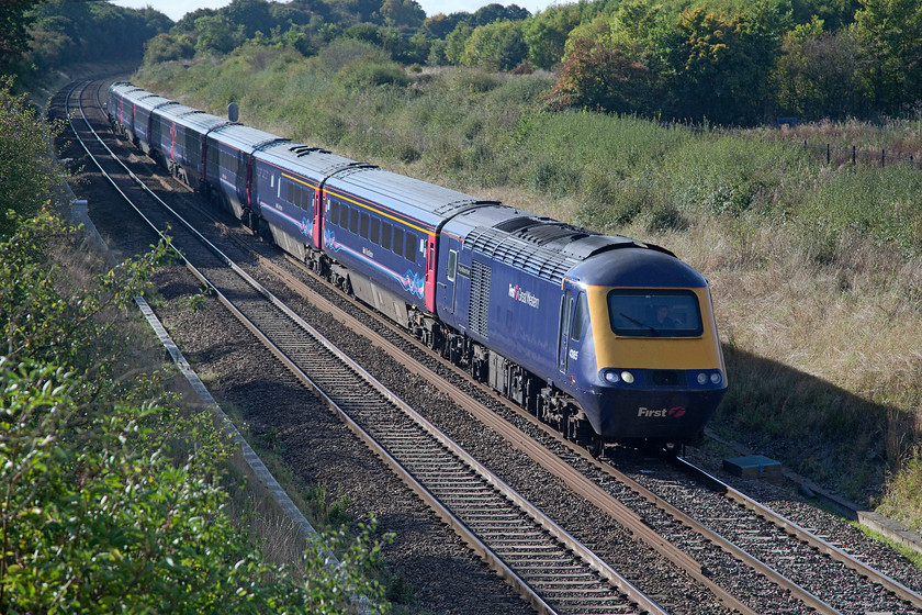 43165 & 43182, GW 14.00 Bristol Temple Meads-London Paddington (1A20), Hay Lane bridge SU108824 
 43165 'Prince Michael of Kent' and 43182 prepare to slow down for the stop at Swindon some three miles to the east of this spot with the 14.00 Bristol Temple Meads to Paddington. service. The sun is just beginning to cause some problems as it comes round on this lovely autumn day standing at Hay Lane bridge located between Royal Wootton Bassett and Swindon. 
 Keywords: 43165 43182 14.00 Bristol Temple Meads-London Paddington 1A20 Hay Lane bridge SU108824