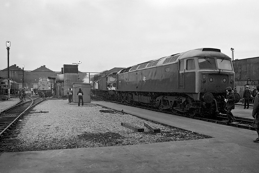 Class 47, 40110, 47204 & 47457, Crewe Works 
 A collection of locomotives await attention at Crewe Works. To the far left is an un-identified class 47 next to 40110. The 40 was on the works for attention to its main generators. 47204 was at the works for repairs following a front end accident, I cannot find a record of how this damage was sustained. 47457 looks to be in good condition and I have found no records as to why it was on the the works. This locomotive only ever carried this TOPS number and D1577 throughout its life. 
 Keywords: 40110 47204 47457 Crewe Works