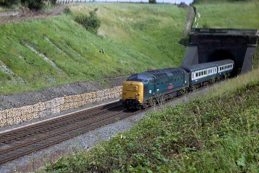 55021, 13.25 London Kings Cross-Newcastle (1N04), High Dyke SK942289 
 Yes, I know that it's blurred but I was so proud that I managed to get a Deltic bursting out of Stoke Tunnel that it has made the final cut! 55021 'Argyll and Sutherland Highlander' is going to be picking up speed as it descends Stoke Bank towards Grantham with the 1N04 13.25 King's Cross to Newcastle. The recent work undertaken to improve drainage so as to prevent erosion and land slippage is clear in the is image that shows the north portal of Stoke Tunnel. 
 Keywords: 55021 13.25 London Kings Cross-Newcastle 1N04 High Dyke SK942289