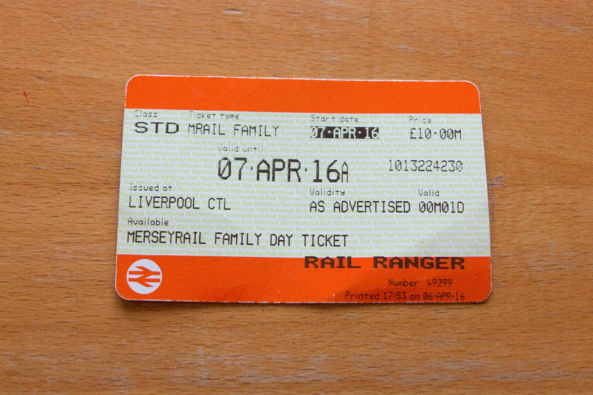 Ticket, Liverpool Central-Southport-Liverpool Central 
 Our Merseyrail family day ticket that was used by the three of us for our return journey to Southport. 10 is pretty good value for a 'hop on-hop off' unlimited travel ticket.