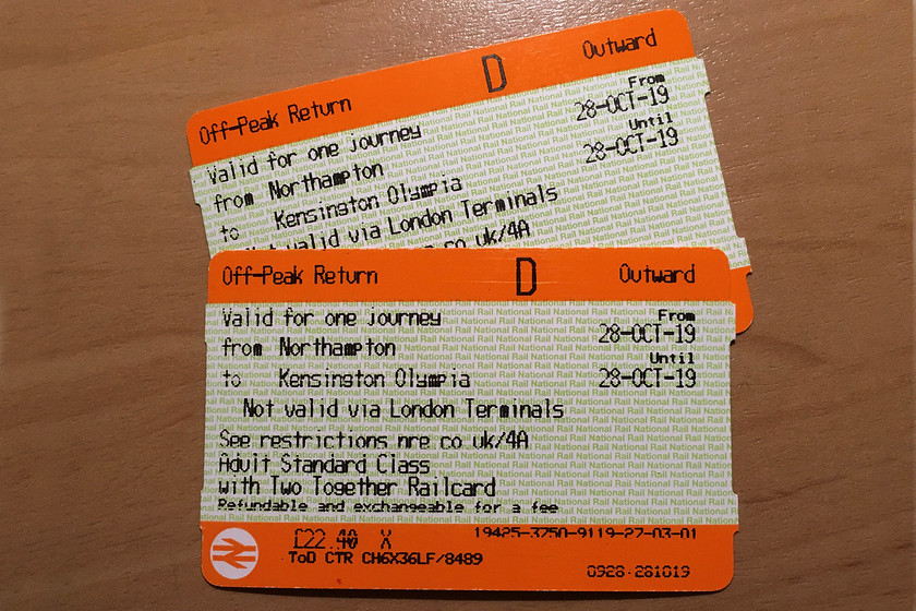 Tickets, Northampton-Kensington Olympia 
 Our tickets from Northampton to Kensington Olympia. An off-peak return at 22.40 is not the cheapest way for us to get to London but as we were staying close to Olympia station on the Hammersmith Road it was more convenient for us. 
 Keywords: Tickets Northampton-Kensington Olympia