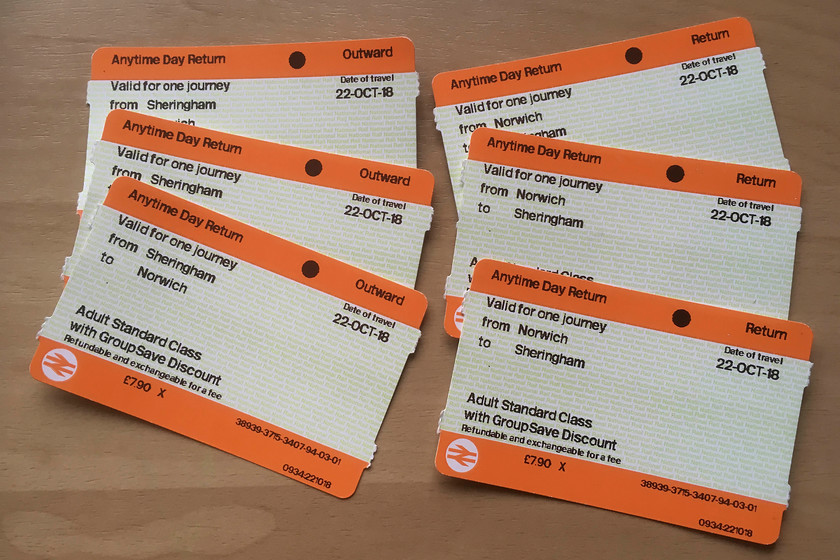 Tickets, Sheringham-Norwich-Sheringham 
 Our return tickets from Sheringham to Norwich. It was cheaper for us to buy three group save tickets than to use my our two-together and young persons railcards. Doing this journey once a year over a fairly long time scale the rise in fares has been noticeable to see. 
 Keywords: Tickets Sheringham Norwich Sheringham