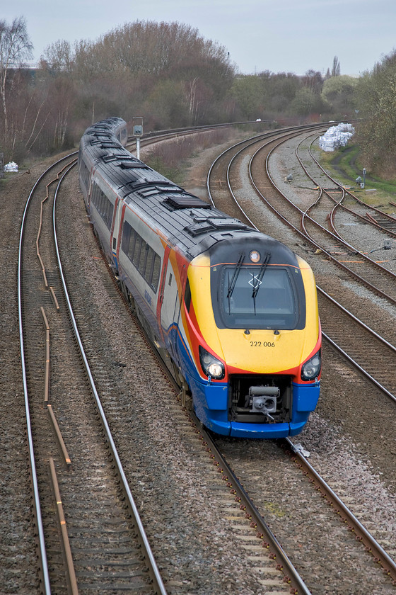 222006, EM 10.29 Sheffield-London St. Pancras (1C35), Kettering Broadway SP864771 
 Despite the grey sky, there is just a hint of the sun in this photograph taken in Kettering from the town's Broadway bridge. 222006 'The Carbon Cutter' is seen passing at speed having not stopped at the station that is just out of sight around the curve. The EMT Meridian is working the 10.29 Sheffield to St. Pancras 'fast' service. 
 Keywords: 222006 10.29 Sheffield-London St. Pancras 1C35 Kettering Broadway SP864771 The Carbon Cutter East Midlands Train Meridian