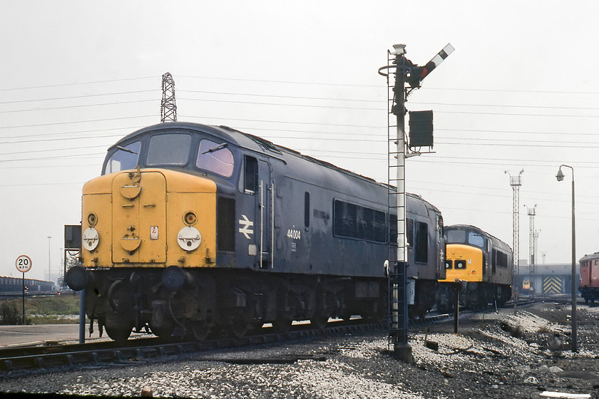 44004 & 45068, going off shed, Toton Yard 
 Having been refuelled, 44004 heads back out to rejoin its freight from earlier. Notice the spot on its body side where the 'Great Gable' nameplate was attached. This particular Lakeland mountain has always been an important one to me as it was the first major peak that I climbed with my mum and dad when I was five years old! 45068 waits patiently behind 44004 to perform a similar move once the Peak has exited the depot. The signal with a describer of some kind is just in front of the access road into the depot that crosses the line to my immediate left. There were no lights or crossing gates but I suppose common sense prevailed with staff using their eyes before driving over the track! 
 Keywords: 44004 45068 Toton Yard