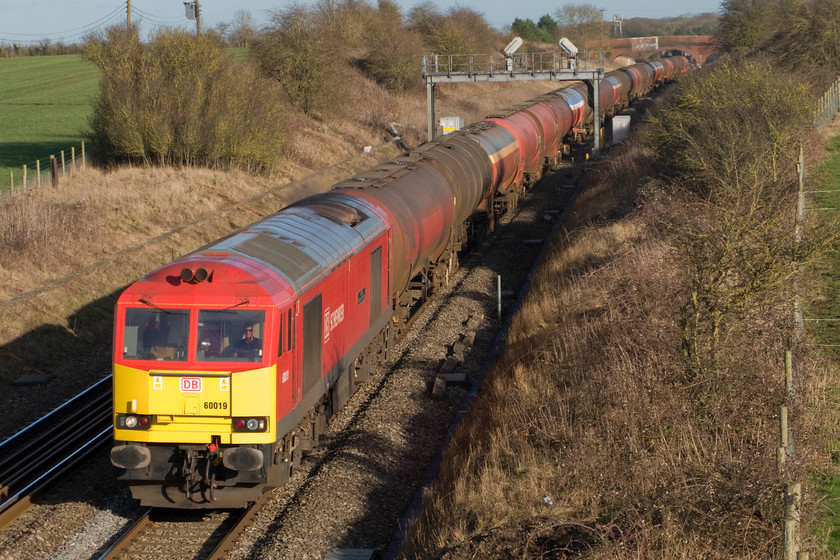 60019, 13.00 Theale-Robeston (6B33), Bourton SU228874 
 A regular afternoon working on the GWML is the daily 6B33 13.00 Theale to Robestson empty bitumen tankers. Running the other way, this train is very heavy so a 3100hp class 60 is usually rostered for it. In this image, 60019 'Port of Grimsby & Immingham' leads the train through the Wiltshire countryside past Bourton to the east of Swindon. The DB livery and the tankers strike quite a sight against the winter foliage especially when illuminated by the low afternoon sun. 
 Keywords: 60019 Port of Grimsby and Immingham 13.00 Theale-Robeston 6B33 Bourton SU228874